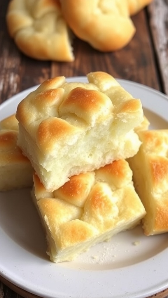 Simple Cloud Bread Recipe with 2 Ingredients Fluffy cloud bread pieces on a plate, golden brown and airy, on a rustic wooden table.